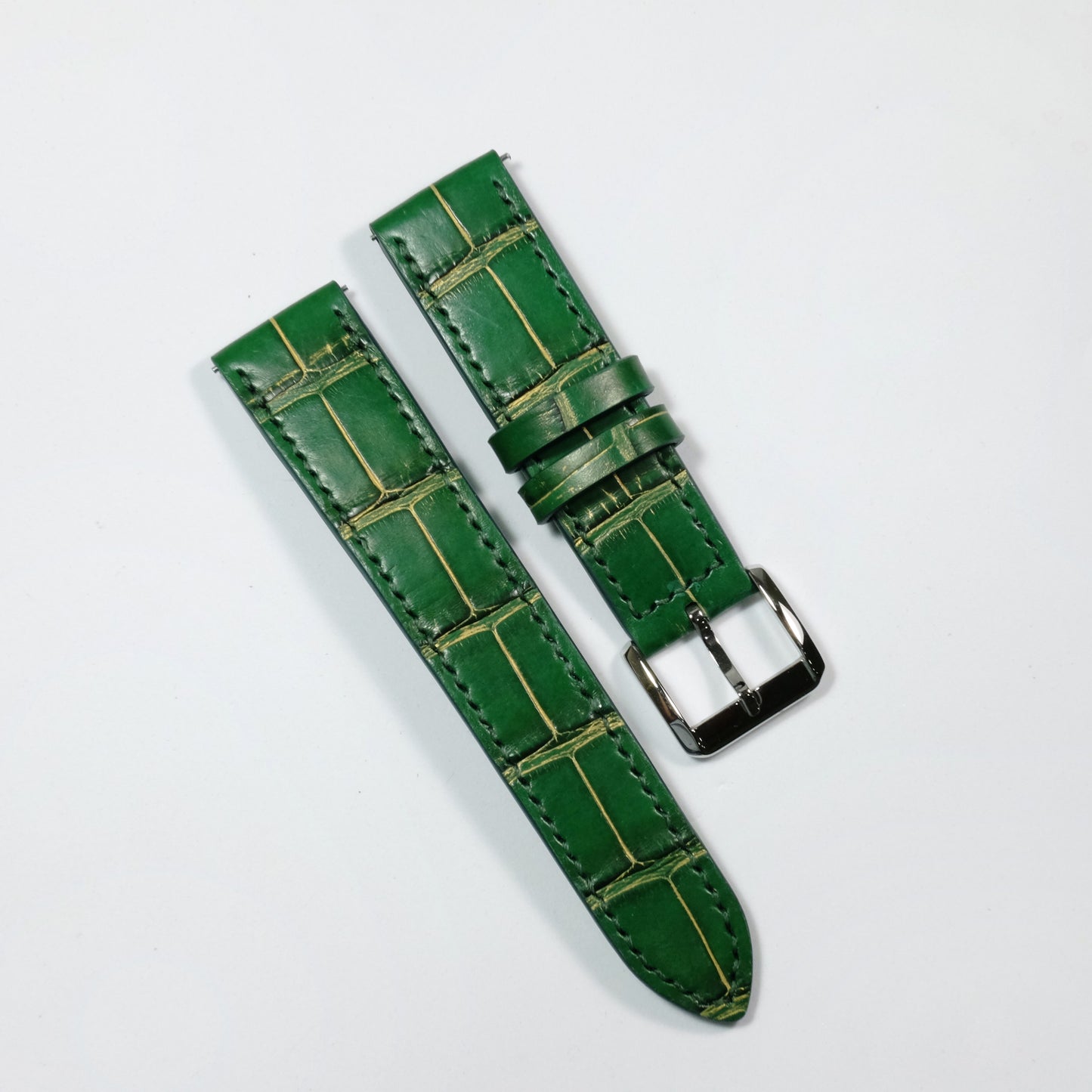 Green Crocodile with Gold Rub Off (Belly/Tail) Full Stitching Watch Strap #02