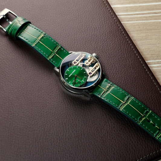 Green Crocodile with Gold Rub Off (Belly/Tail) Full Stitching Watch Strap #02