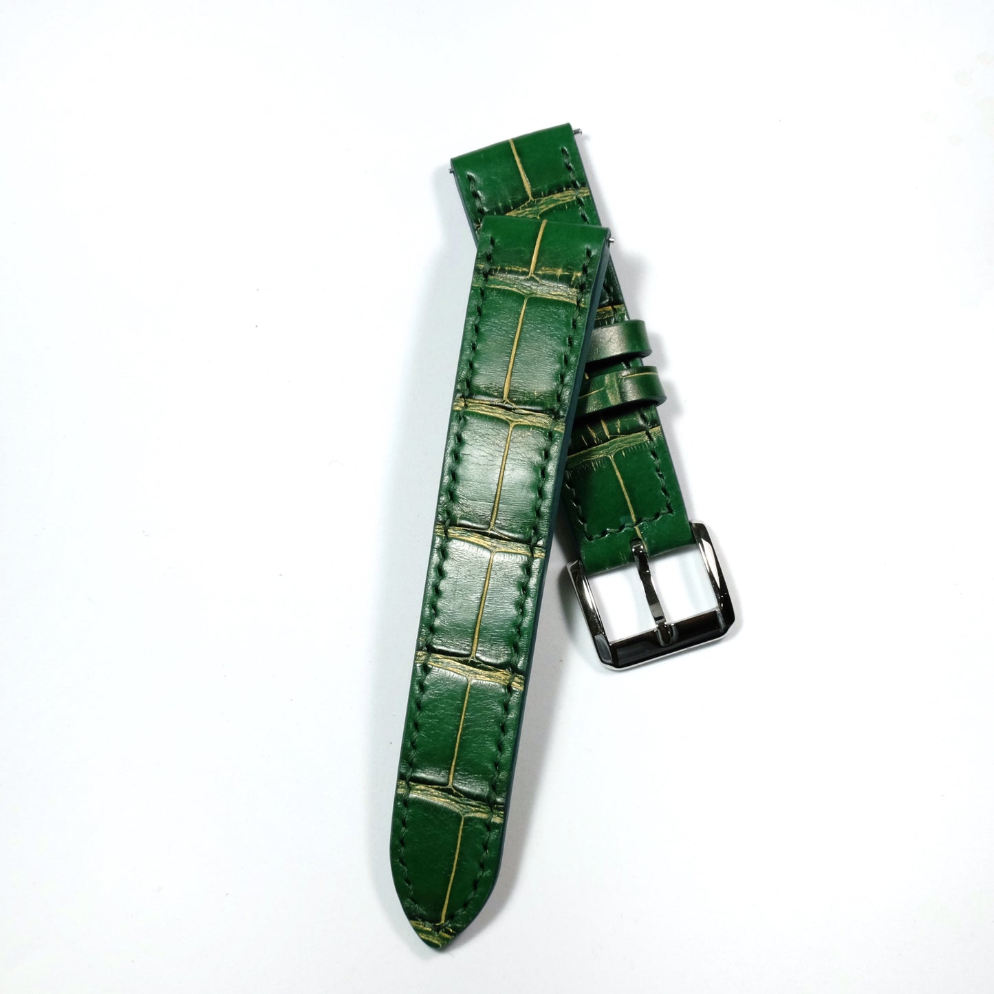 Green Crocodile with Gold Rub Off (Belly/Tail) Full Stitching Watch Strap #02