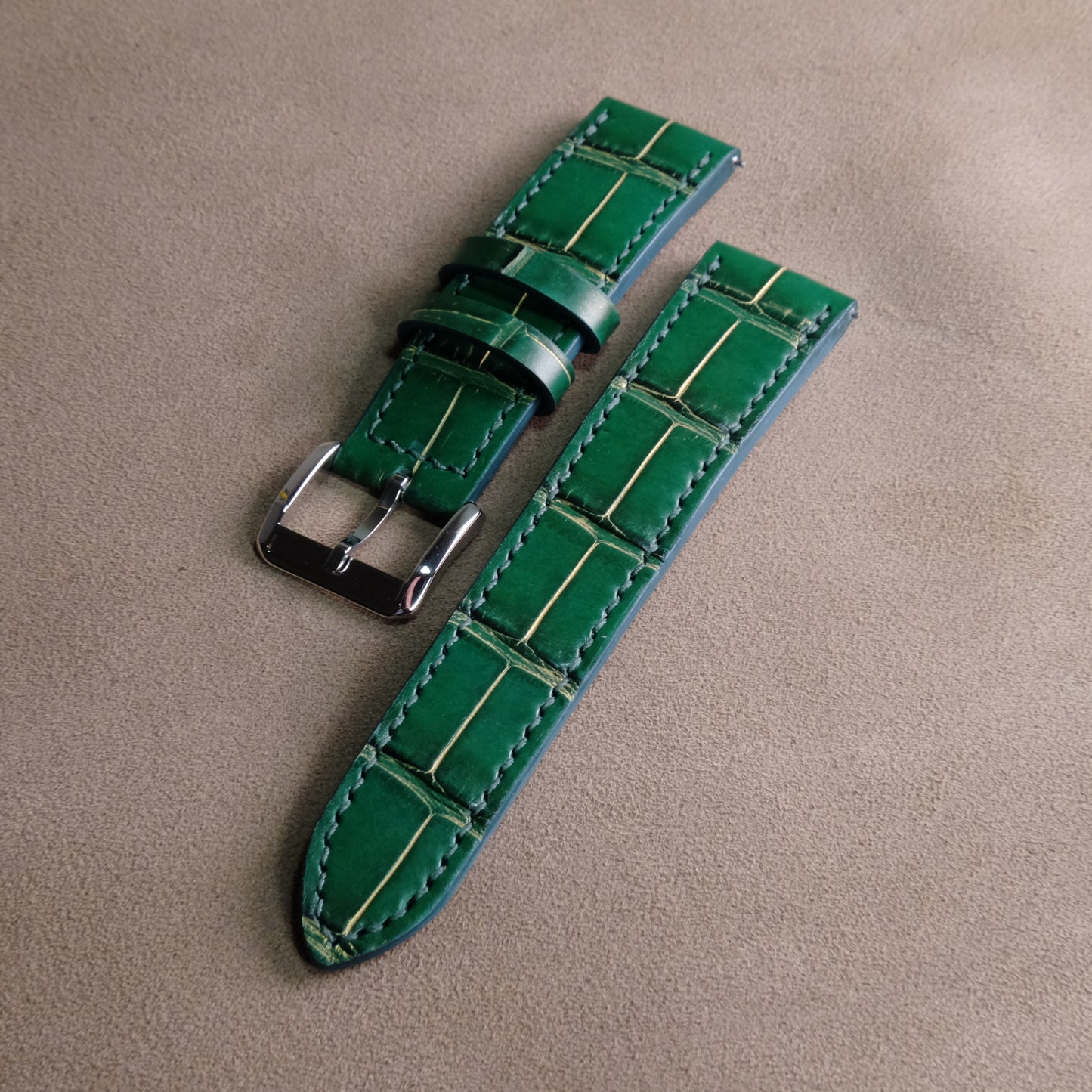 Green Crocodile with Gold Rub Off (Belly/Tail) Full Stitching Watch Strap #02